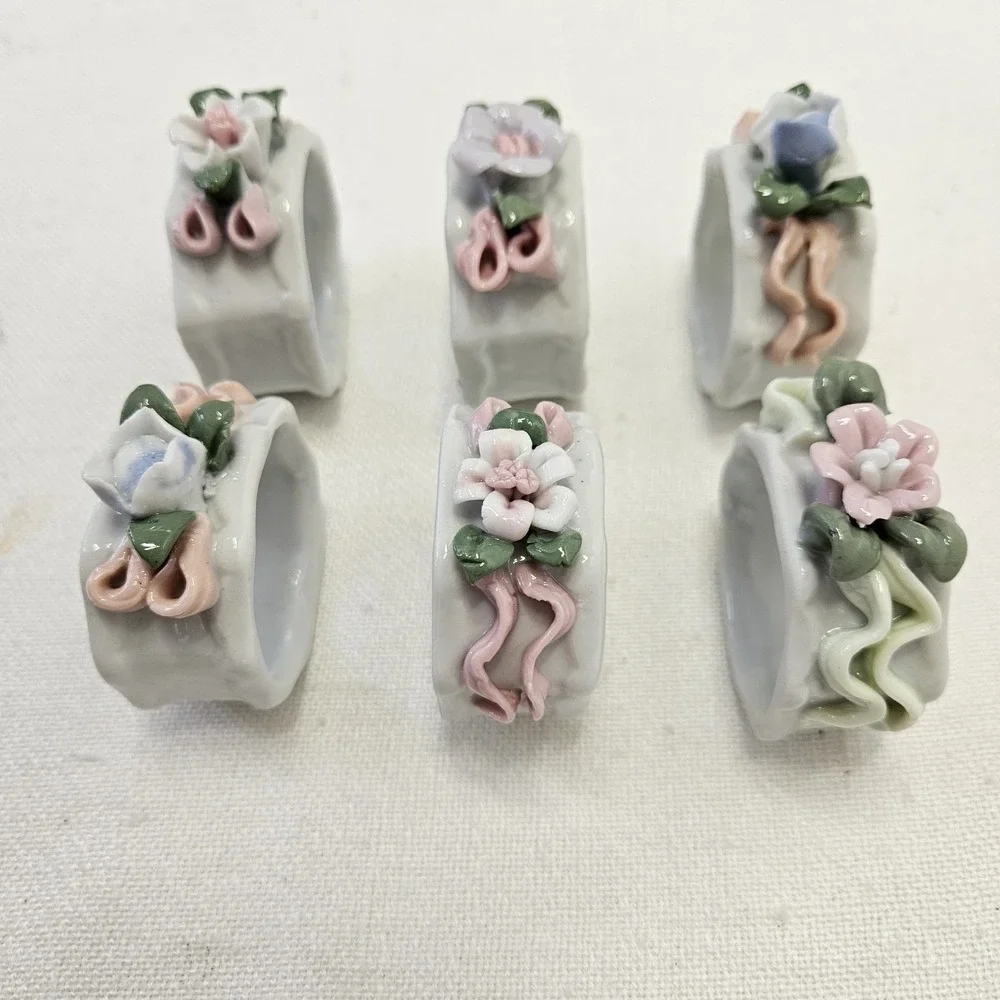 Vintage VTG Napkin Rings Set of 6 White Floral Porcelain Table Decor Cottagecore